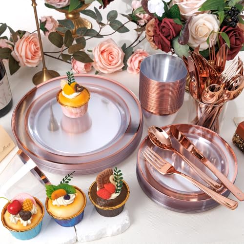 300PCS Gold Disposable Dinnerware Set - White and Gold Plastic Plates X40148