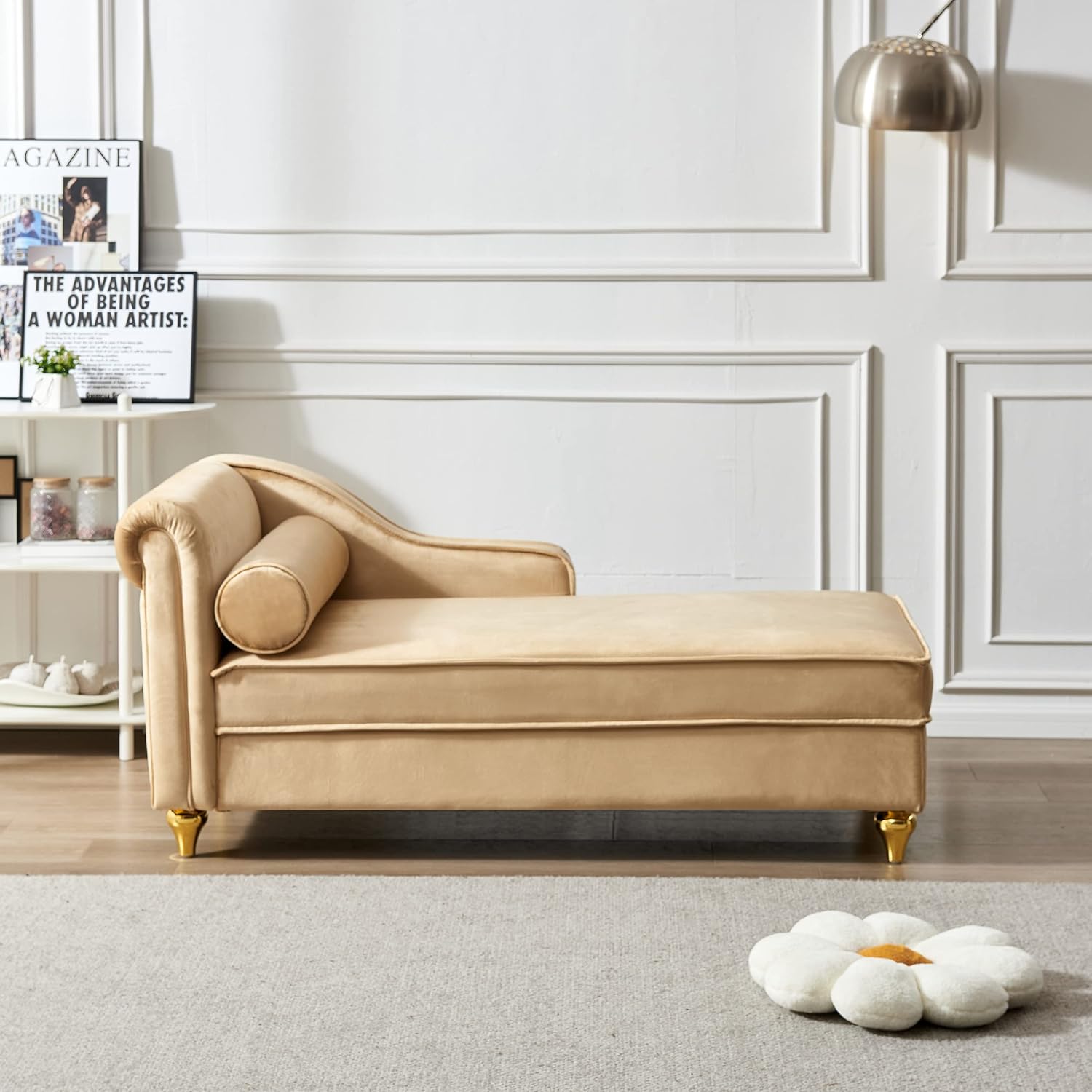 Khaki Velvet Upholstery Chaise Lounge Chair with Storage Z25268