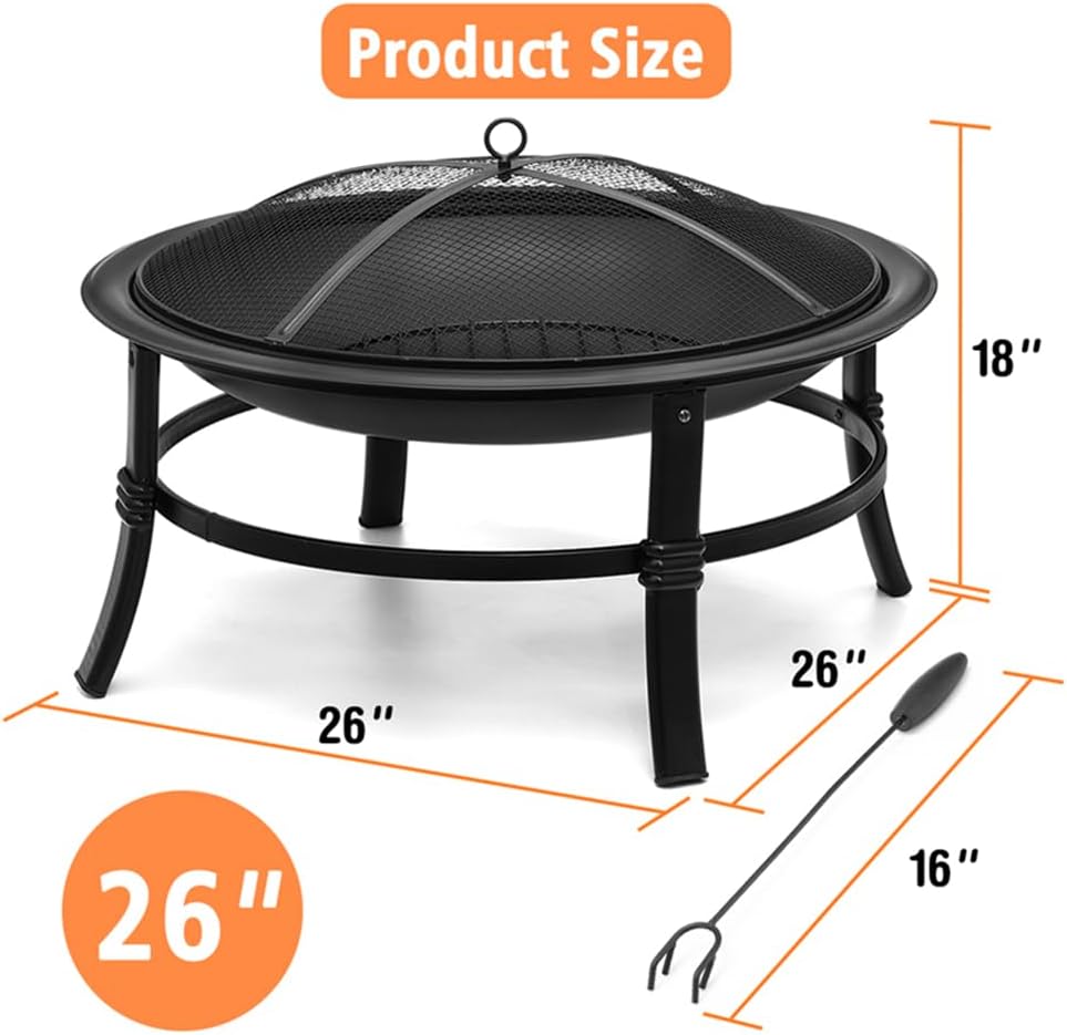 26 inch Wood Burning Fire Pit Bowl with Spark Screen S628690