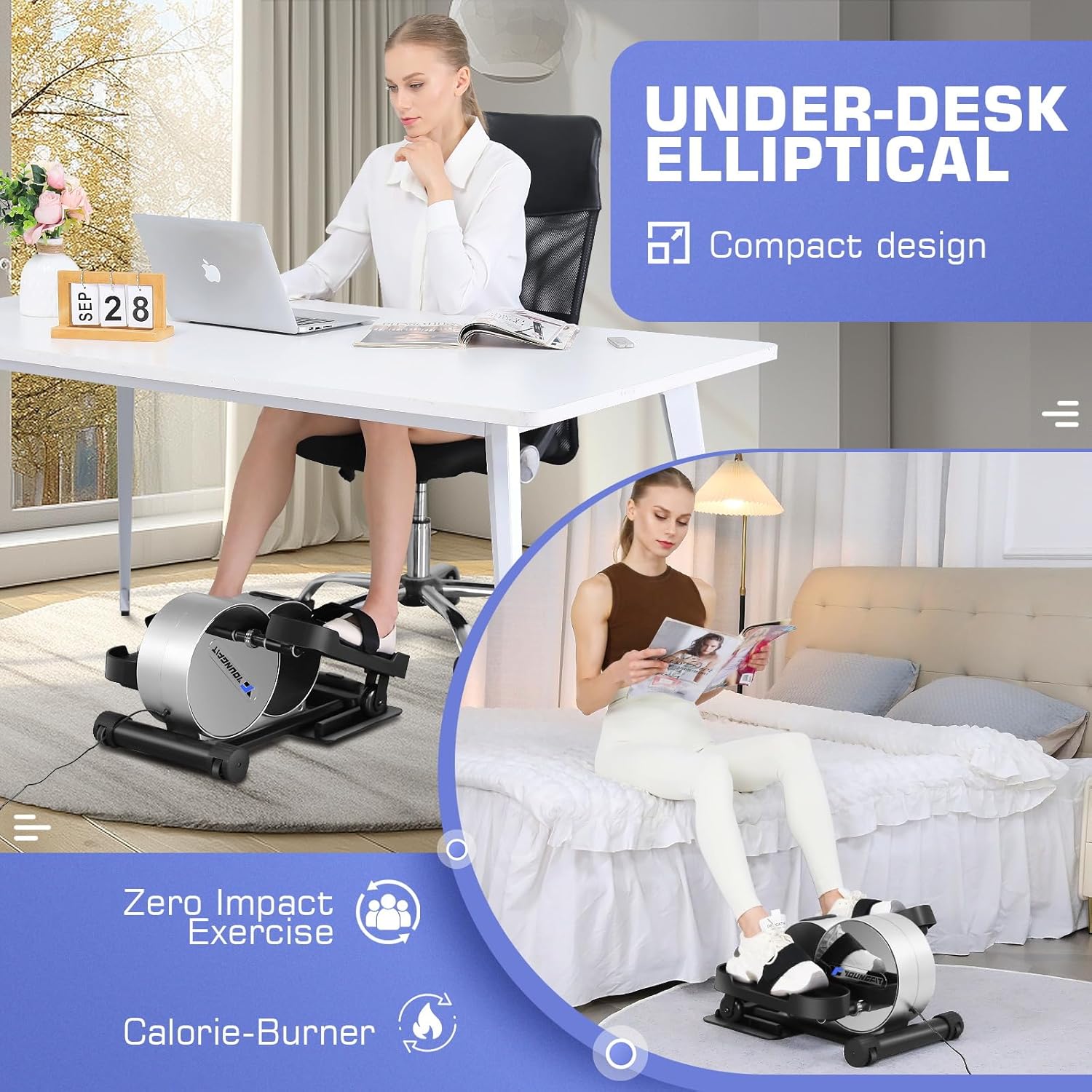 Under Desk Elliptical, Electric Seated Foot Pedal Exerciser with LCD Display Monitor, Remote Control D9166