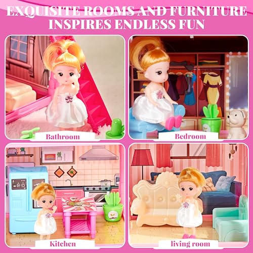 13 Rooms Dollhouse with Dolls Figures, Lights, Puppies, Furnitures, Accessories (Pink) G51832