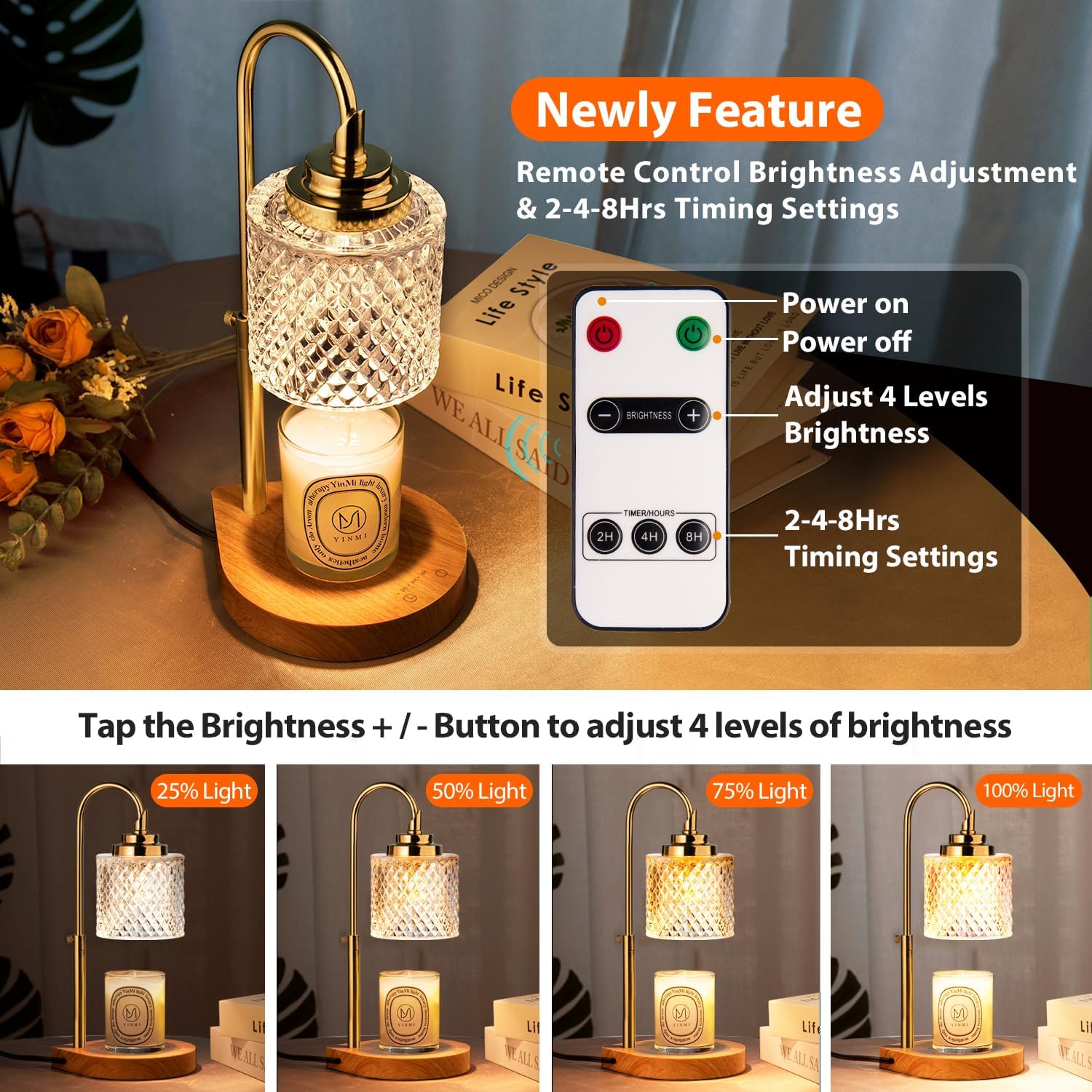 Candle Warmer Lamp with Remote Control, 2-4-8H Timing, 4-Level Dimming, Height Adjustable, 2 Bulbs E28858