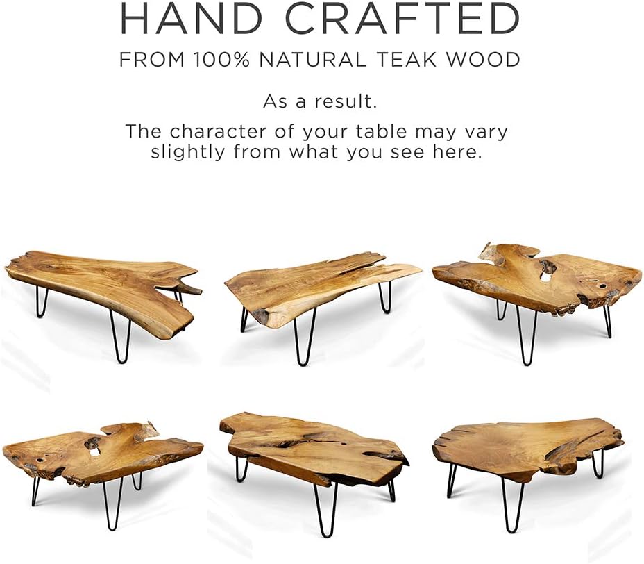 Natural Wood Edge Teak Coffee Table with Clear Lacquer Finish and Metal Hairpin Legs D502538