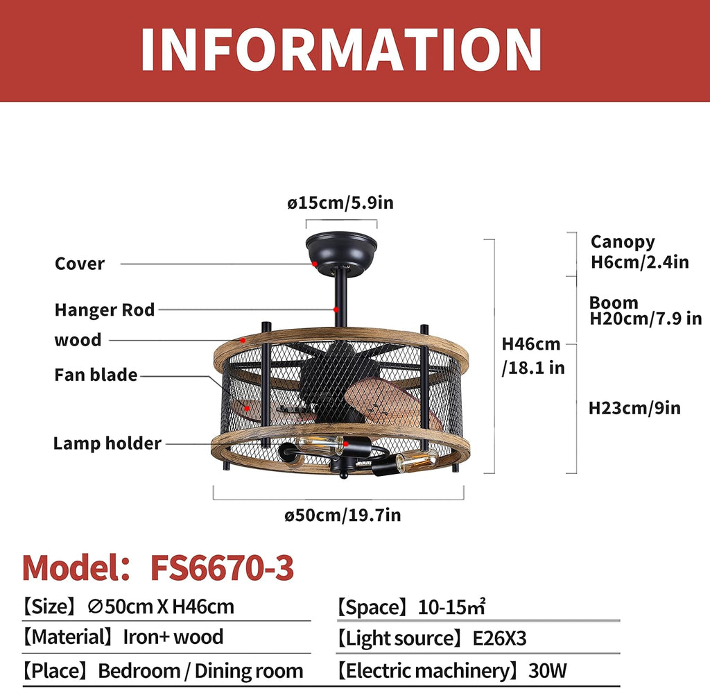 20-inch Industrial Caged Ceiling Fan with Lights Remote Control Y639