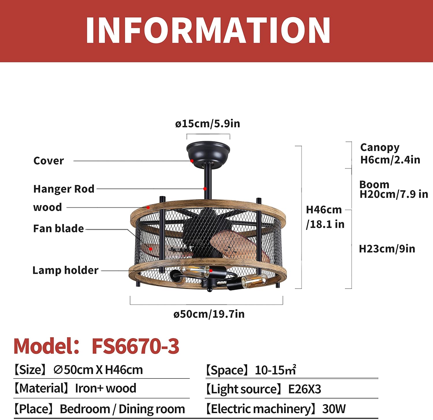 20-inch Industrial Caged Ceiling Fan with Lights Remote Control Y639