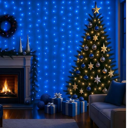 300 LED Fairy Curtain Lights, 9.8ft x 9.8ft Battery Operated Blue String Hanging Lights U57100
