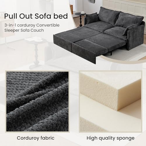 Queen Size Corduroy Convertible Sofa Bed with Storage Pockets T68360