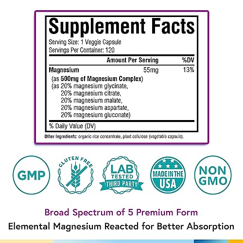 5-in-1 Magnesium Complex Supplement 500mg 240 Vegan Capsules Y833500