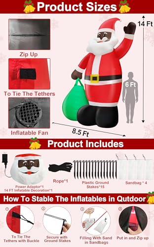 14 Ft by 8.5 Ft Giant Christmas Inflatable Santa Claus with Gift Bag Outdoor Decorations Y89739