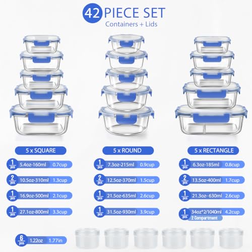 42pcs Glass Food Storage Containers with Lids Set, Blue C631