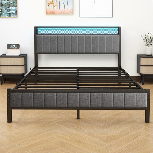 Gray Queen Size Metal Platform Bed Frame with Storage Headboard J362