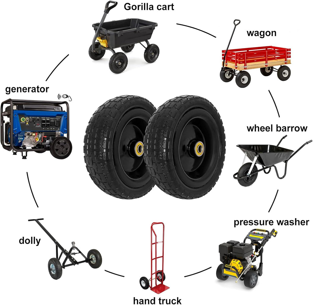 2 Pack 10" Flat Free Solid Rubber Tire and Wheel O22785