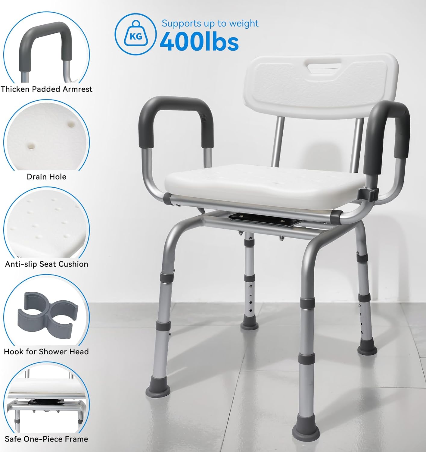 360° Swivel Non-Slip Shower Chair with Arms and Back E76540