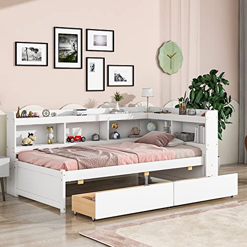 Grey Full Size Wooden Platform Bed with Two Storage Drawers and L-Shaped Bookcase F3796