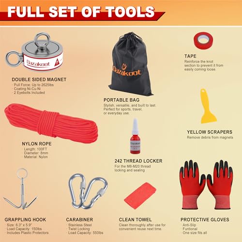 2600LBS Double Side Magnet Fishing Kit with Case, 100FT Rope, Non-Slip Glove, Threadlocker, Grappling Hook, Carrying Bag Q3000