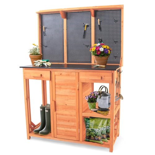 Wooden Potting Bench with Storage Drawer, Cabinet, Metal Pegboard, Adjustable Hooks and Shelves R807071