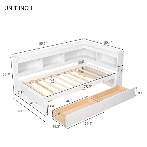 Grey Full Size Wooden Platform Bed with Two Storage Drawers and L-Shaped Bookcase F3796