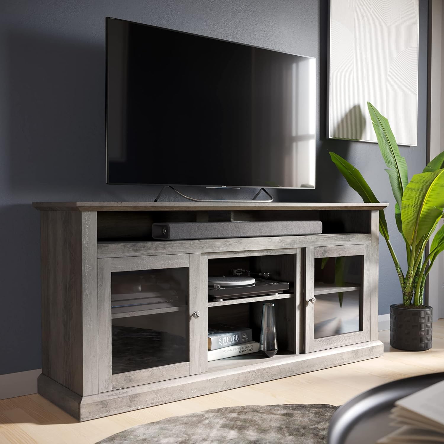 Gray Wash Electric Fireplace TV Stand with Open Storage Shelves & Cabinets H67177