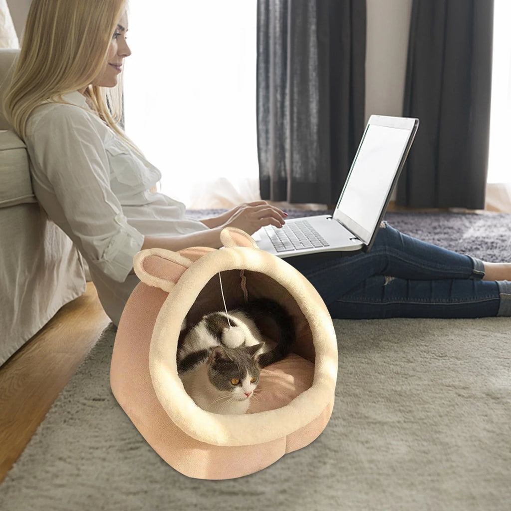 Pink Cotton Cat Bed with Ears Machine Washable D21919
