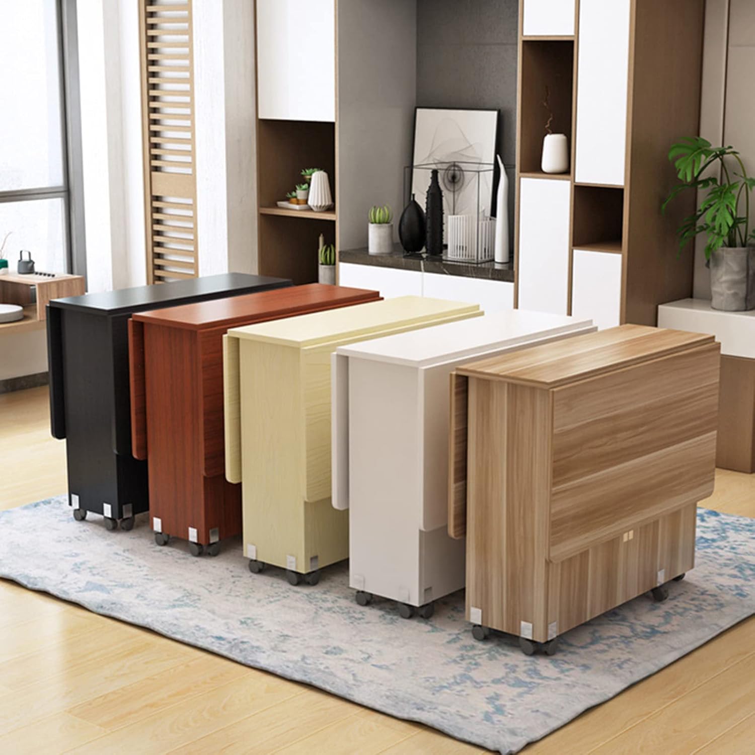 Expandable Rectangle Wood Drop Leaf Dining Table with 6 Wheels H286