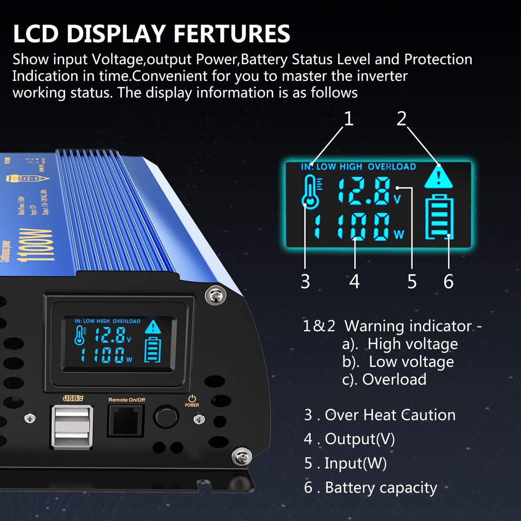 2000w DC 12V to AC 120V Modified Sine Wave Inverter with LCD Display Remote Control and 3AC Outlets Dual 2.4A USB Ports X4782
