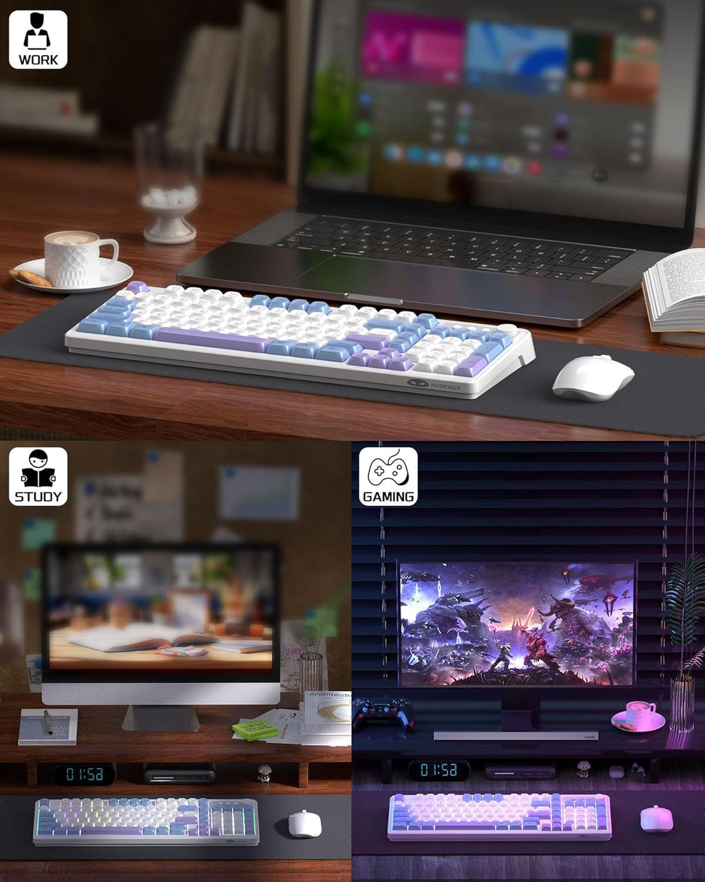 Wireless Gaming Keyboard and Mouse Combo RGB Backlit Rechargeable Mechanical Feel Keyboard 2.4GHz Quiet Blue White Purple Keyboard Mouse M564
