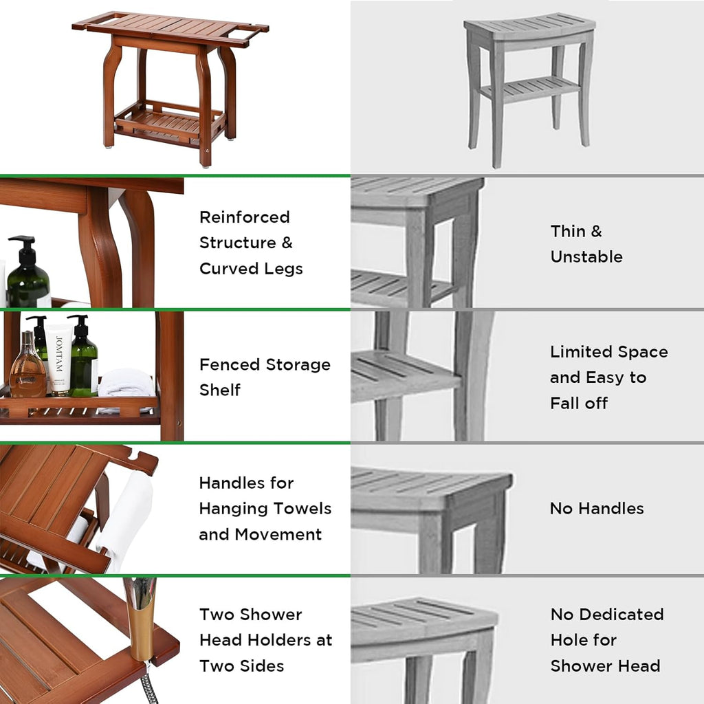 2-Tier Bamboo Shower Chair with Storage Shelf Y1179
