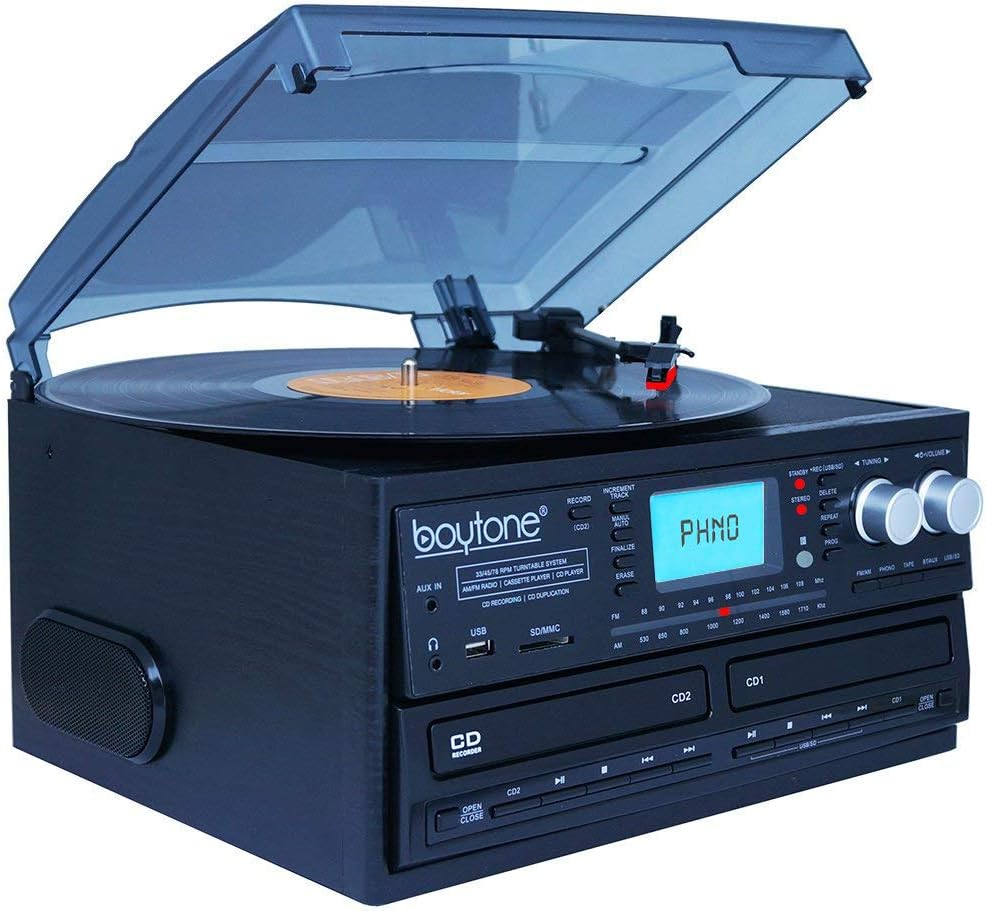 Bluetooth Dual CD Player AM/FM Radio Turntable Record Player with Cassette Player X39459