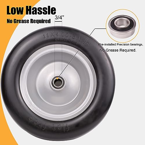11x4.00-5 Flat Free Solid Smooth Tires and Wheel with Precision Bearings (2 Pack) P99889