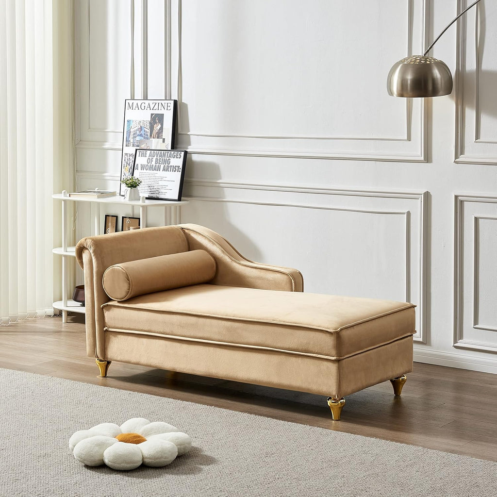 Khaki Velvet Upholstery Chaise Lounge Chair with Storage Z25268