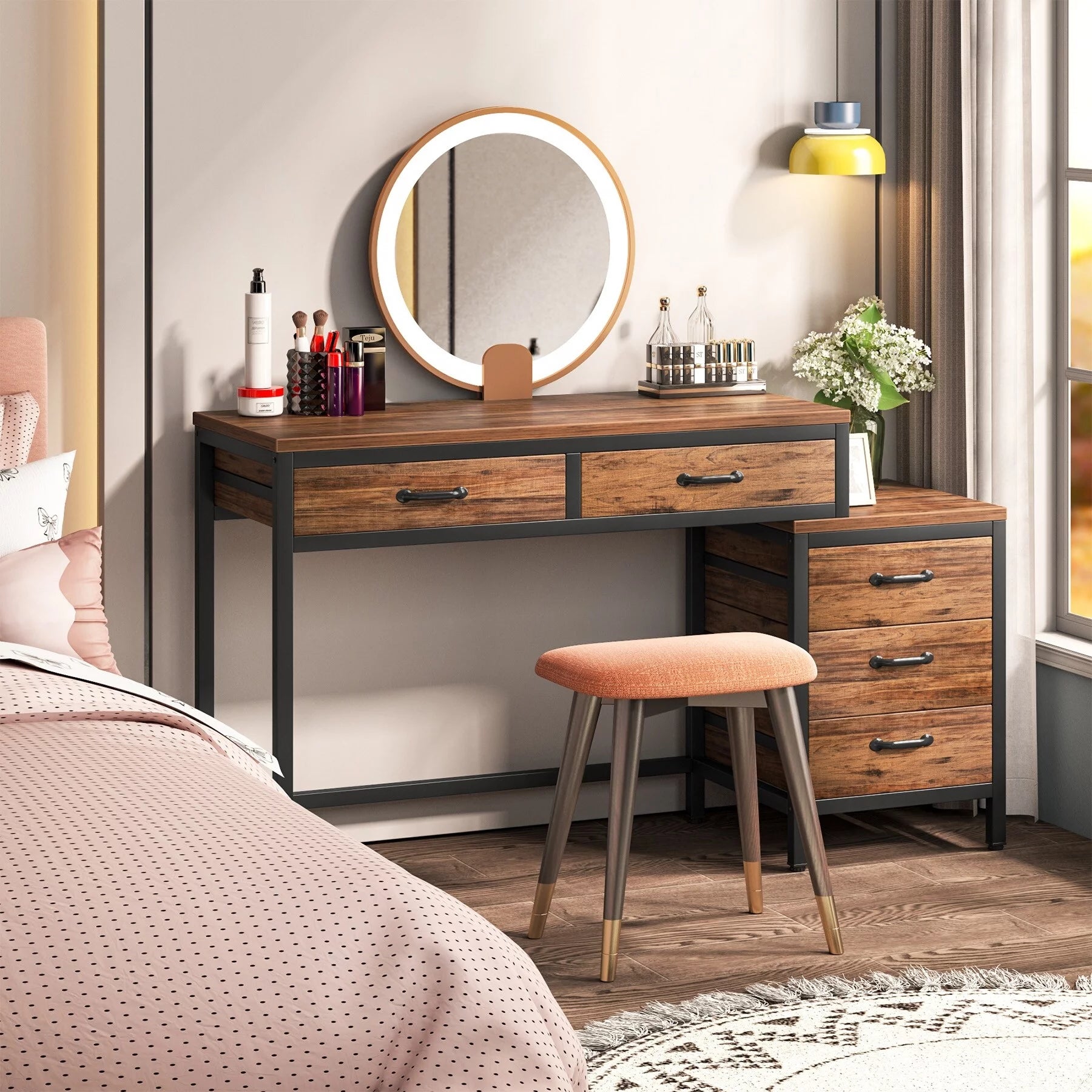 Rustic Brown Reversible Computer Desk with 5 Drawers N581964