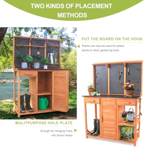 Wooden Potting Bench with Storage Drawer, Cabinet, Metal Pegboard, Adjustable Hooks and Shelves R807071