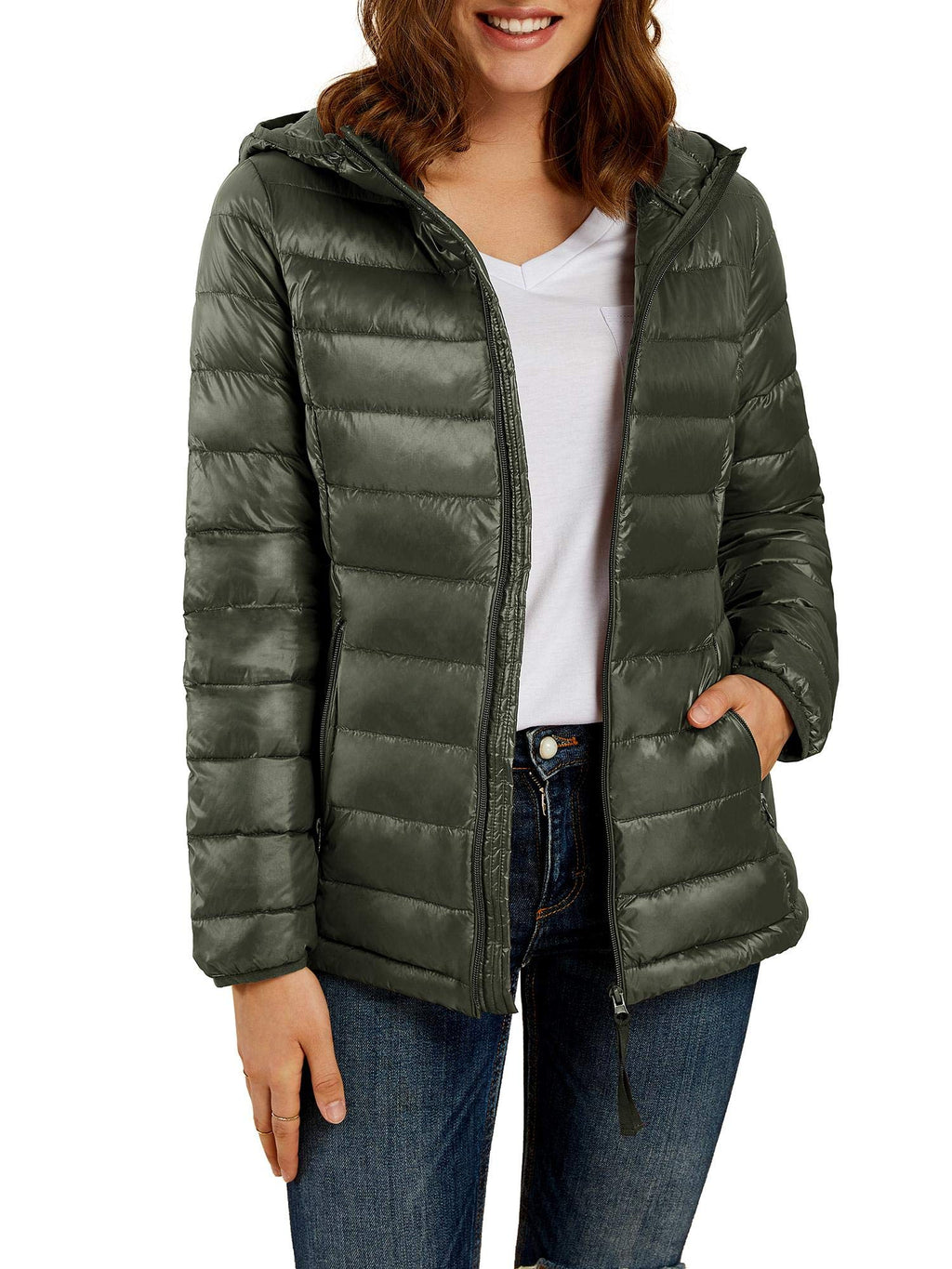 Women Short Down Jackets Packable Lightweight Hooded Puffer Coats with Pockets S-2XL I941