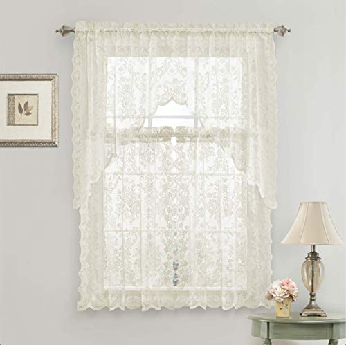 3 Pc. Floral Lace Kitchen Curtain Tier & Swag Valance Set R1658