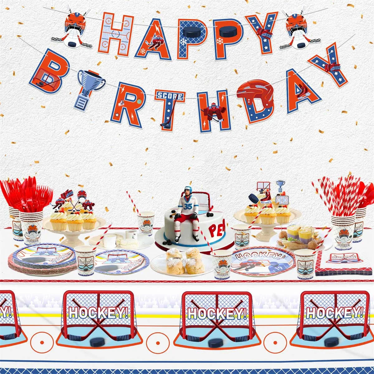 122 Pcs Hockey Plates Napkins Tablecloth Set O48254
