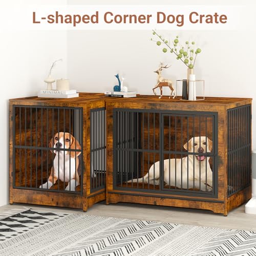 Rustic Brown Double Dog Crate Furniture with Divider E43916