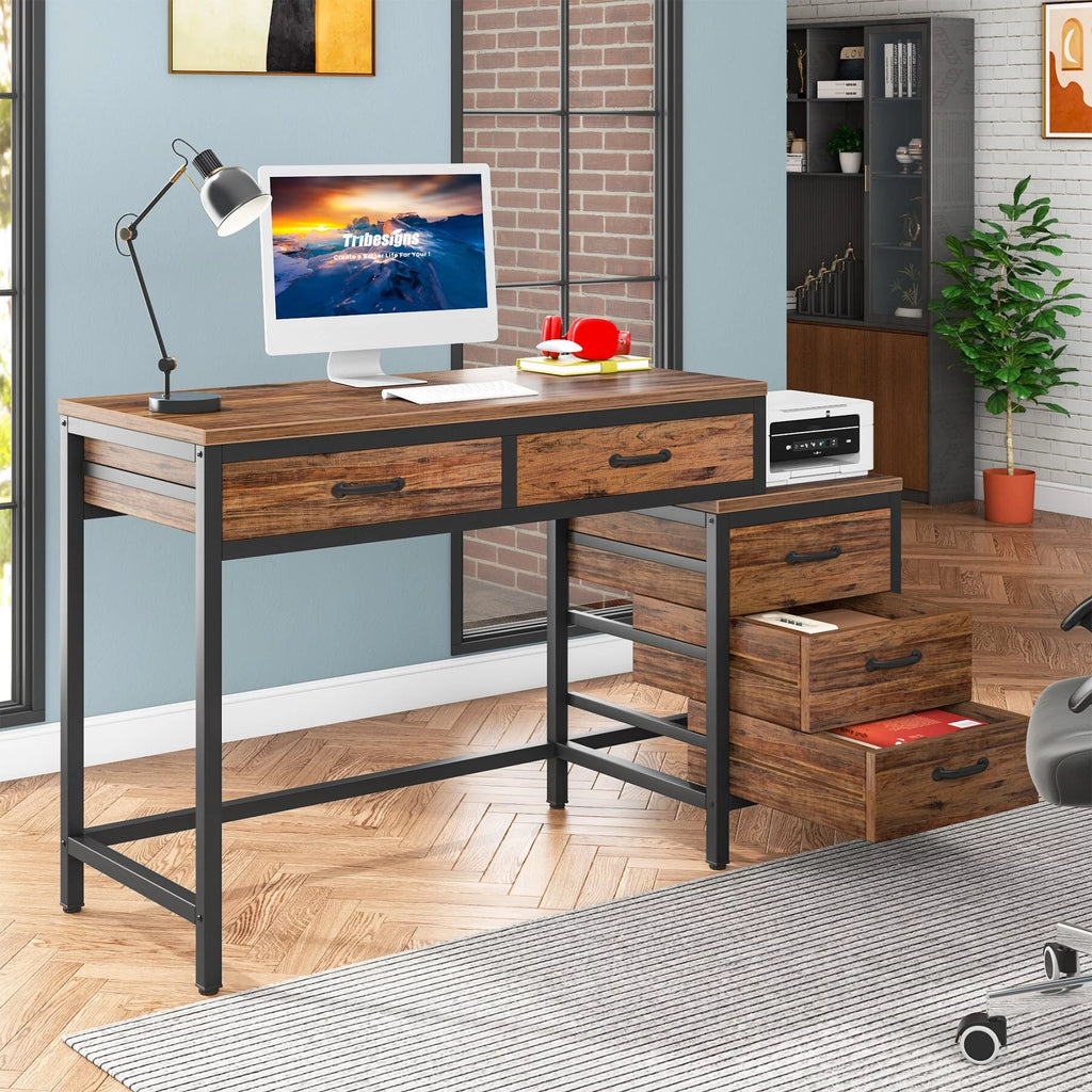 Rustic Brown Reversible Computer Desk with 5 Drawers N581964