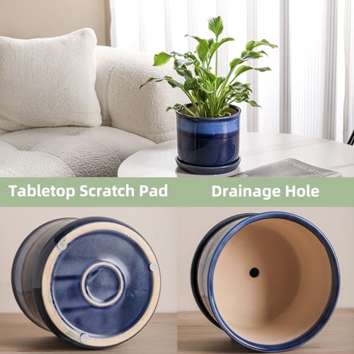 8 Inch Ceramic Planter Pot with Drainage Hole & Saucer Blue Reactive Glaze B4610