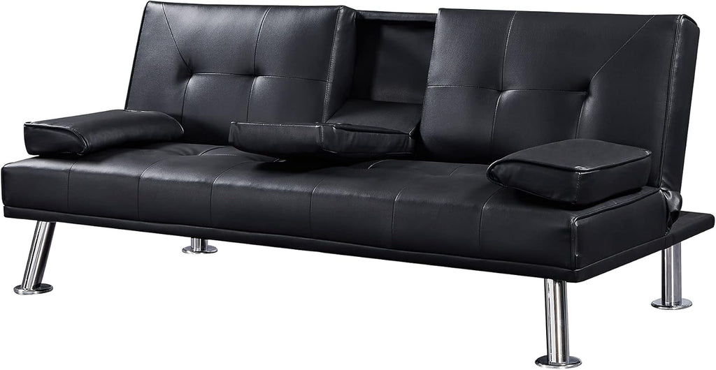 Black Faux Leather Loveseat Sofa Bed with Cup Holders H32808