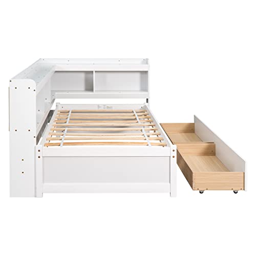 Grey Full Size Wooden Platform Bed with Two Storage Drawers and L-Shaped Bookcase F3796