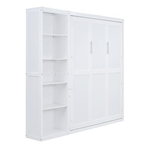 White Queen Size Murphy Bed with Storage Shelves A2364