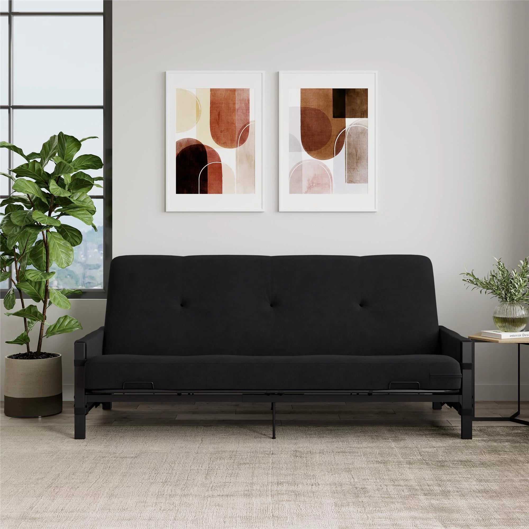 Black Metal Frame Futon Set with Mattress and Storage Pockets O515915