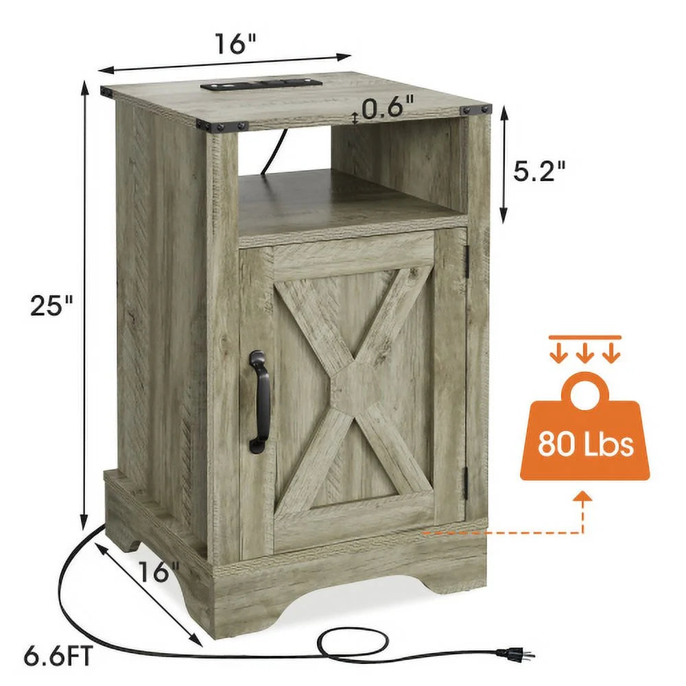 Light Grey Wooden Nightstand with Electrical Outlets H375536