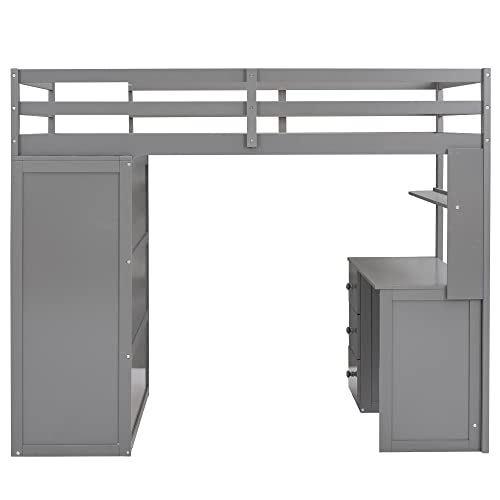 Full Size Solid Wood Loft Bed with Desk and Wardrobe S609