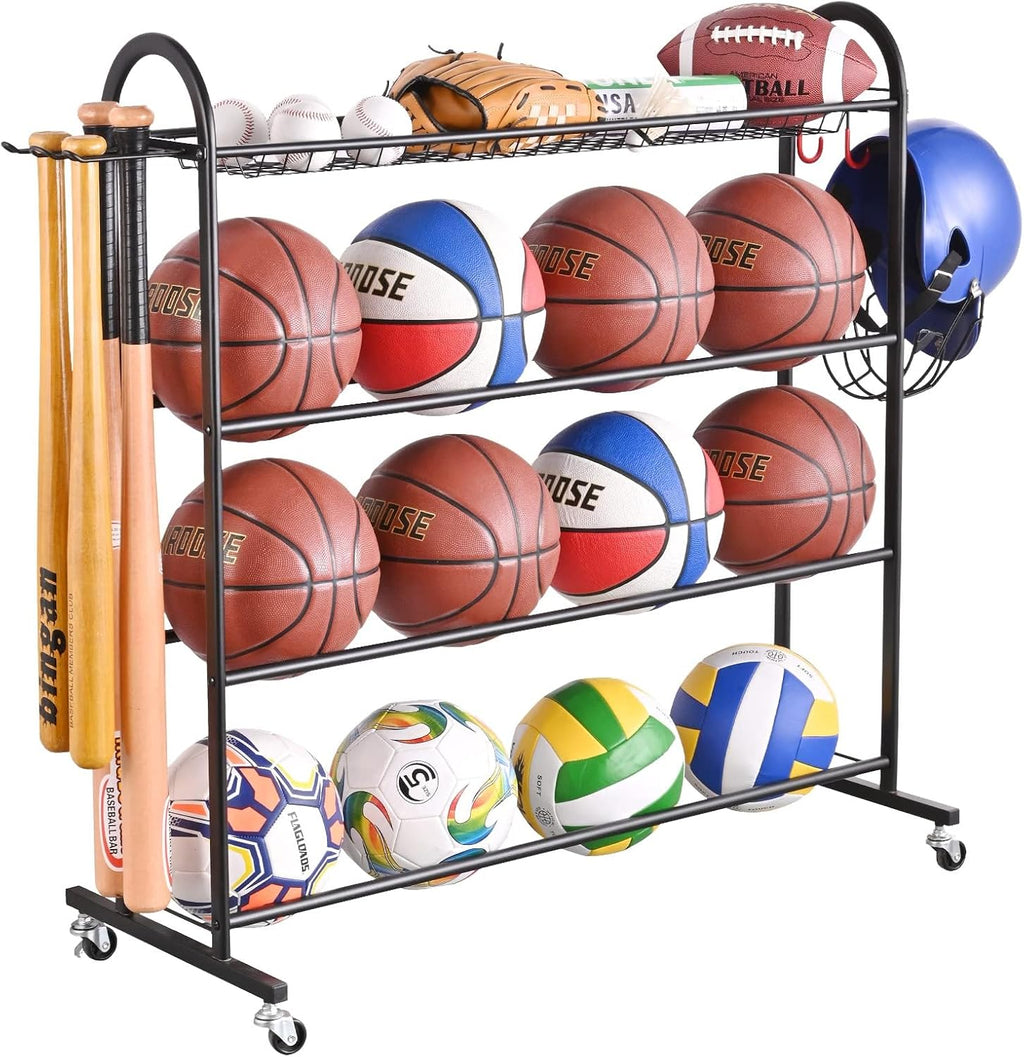 Basketball Rack with Baseball Bat Holder and Hooks, Powder Coated Steel H653