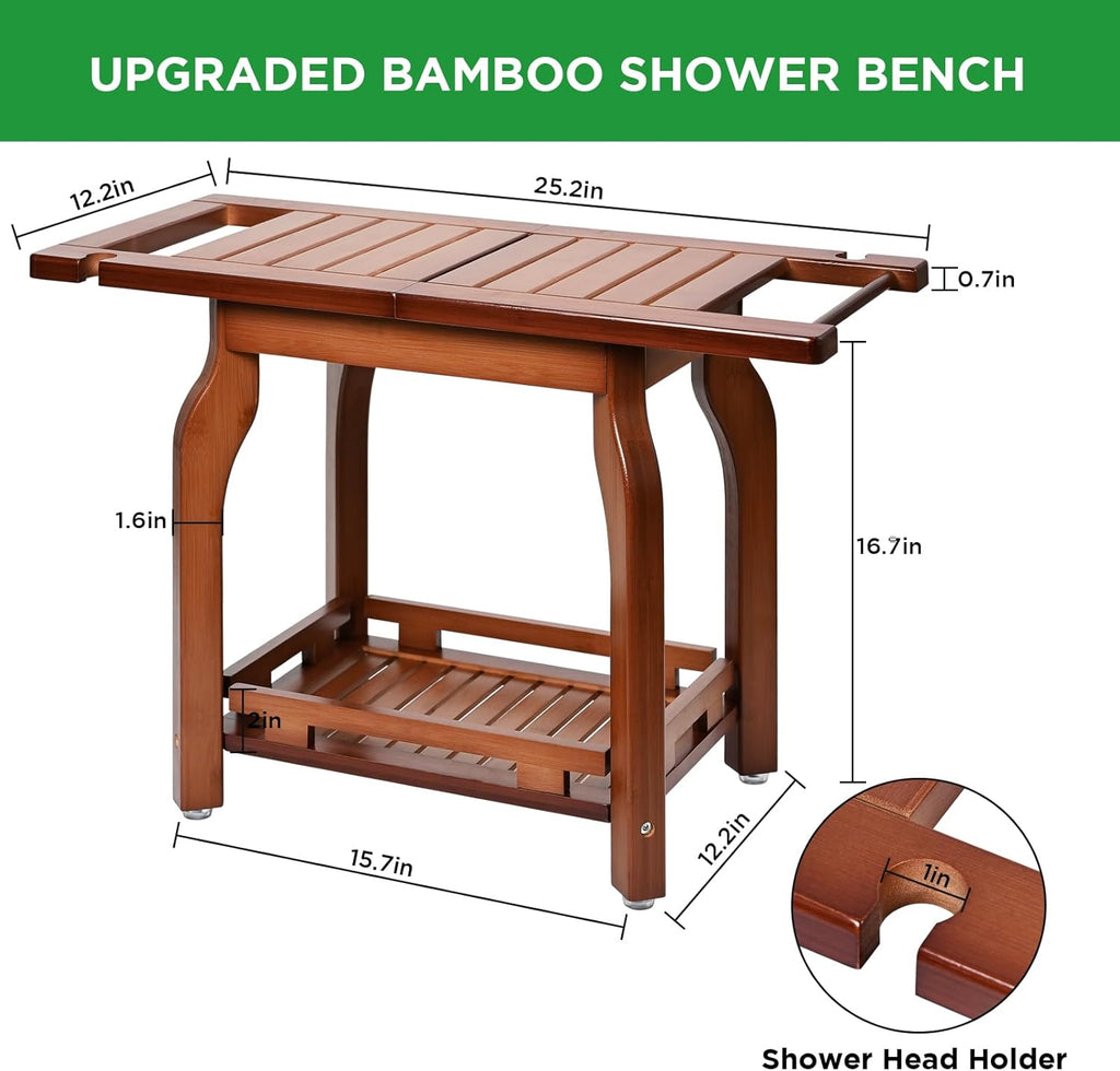 2-Tier Bamboo Shower Chair with Storage Shelf Y1179