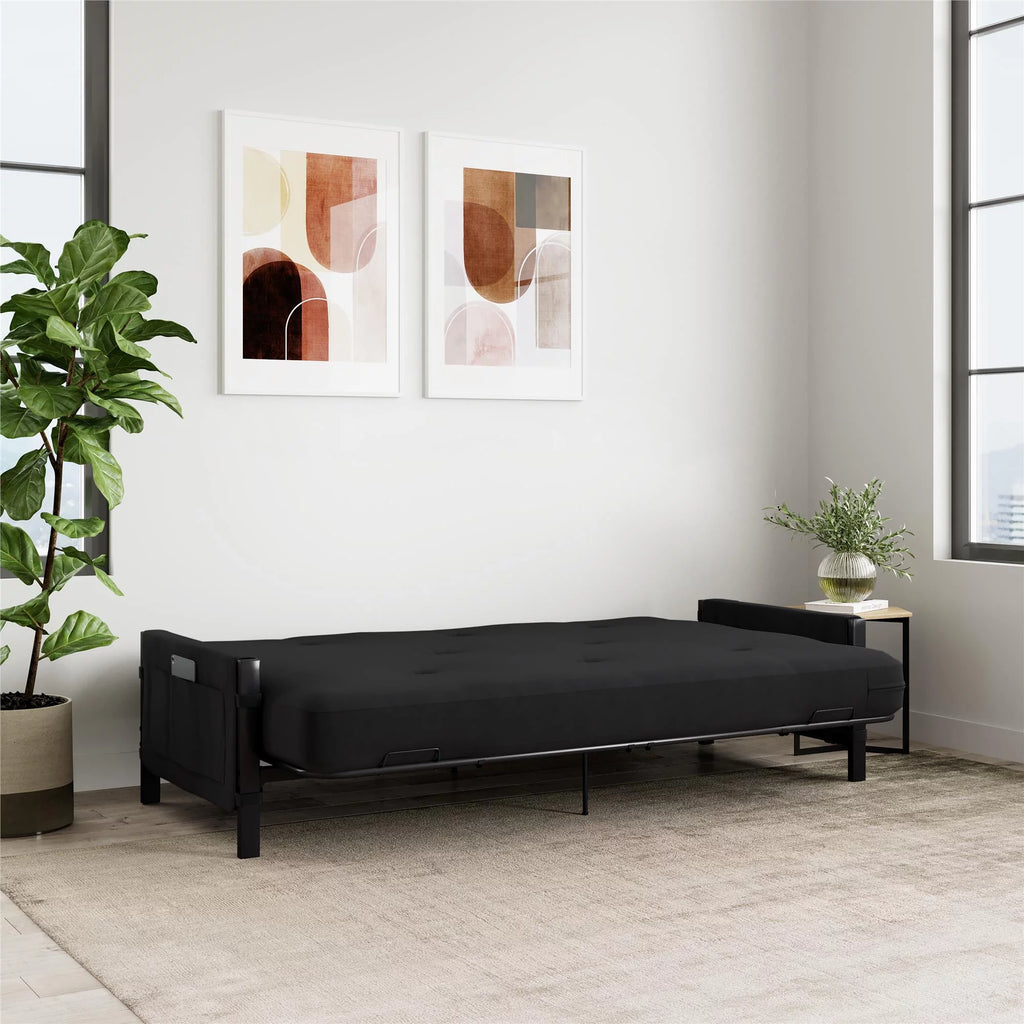 Black Metal Frame Futon Set with Mattress and Storage Pockets O515915