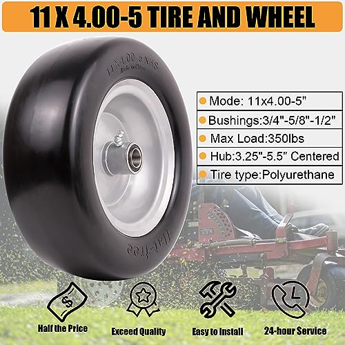 11x4.00-5 Flat Free Solid Smooth Tires and Wheel with Precision Bearings (2 Pack) P99889