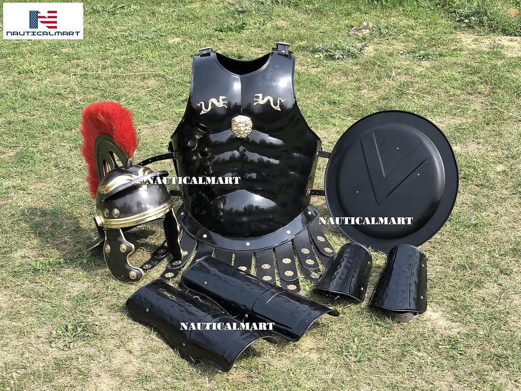 Black Medieval Muscle Body Armor Set with Helmet, Leg & Arm Guard, Shield S7145