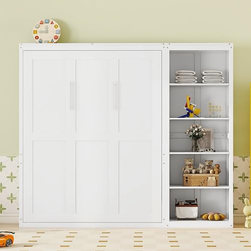 White Queen Size Murphy Bed with Storage Shelves A2364